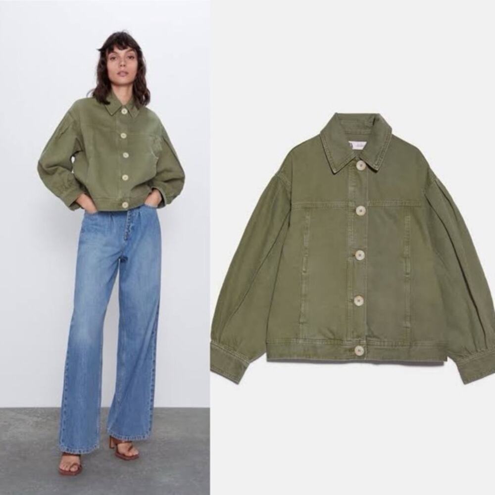 Zara 100% Cotton Olive Green Cargo Utility Denim Jacket Oversized XS